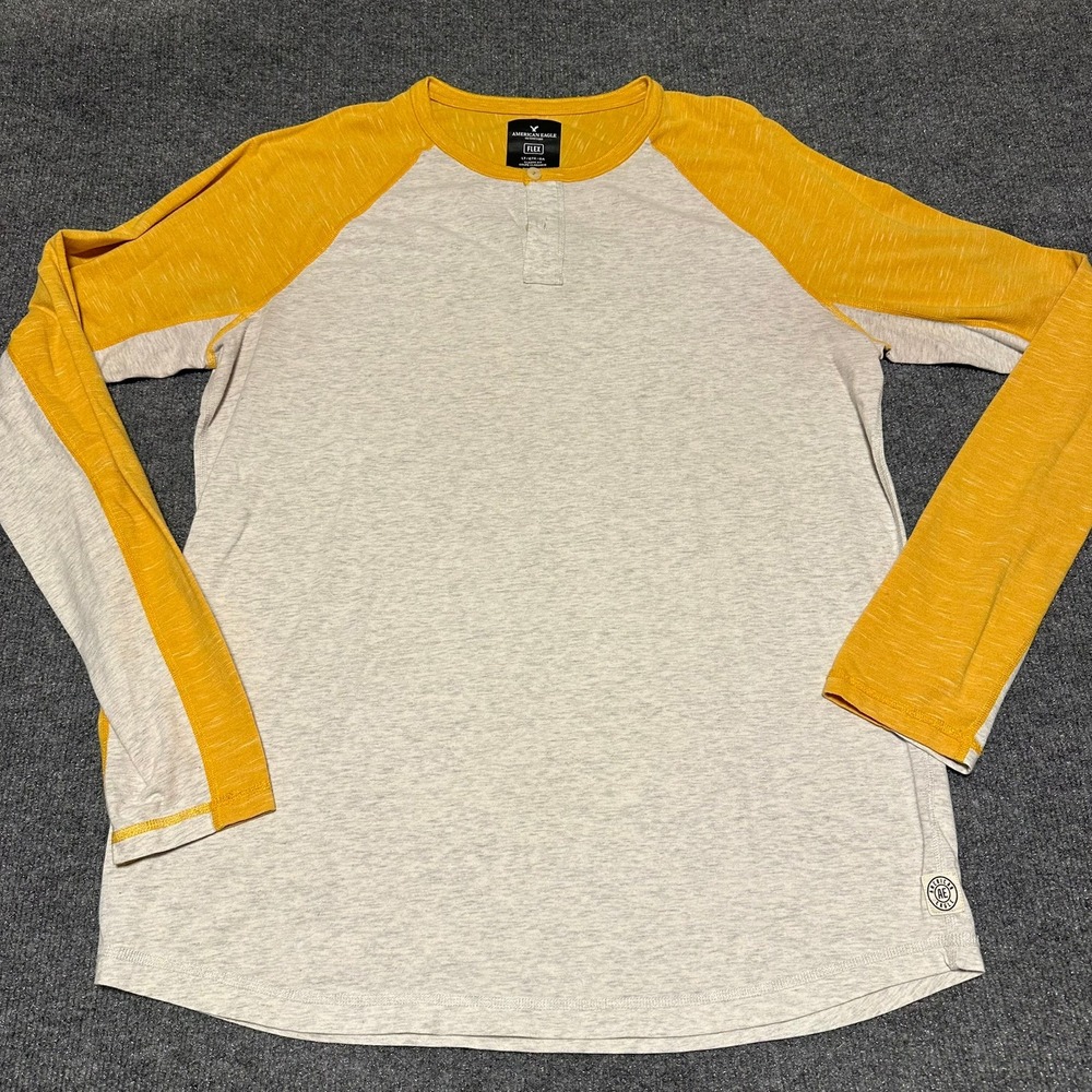American Eagle Flex Mens Large Tall Henley Raglan Shirt Yellow Gray Classic‎ Fit